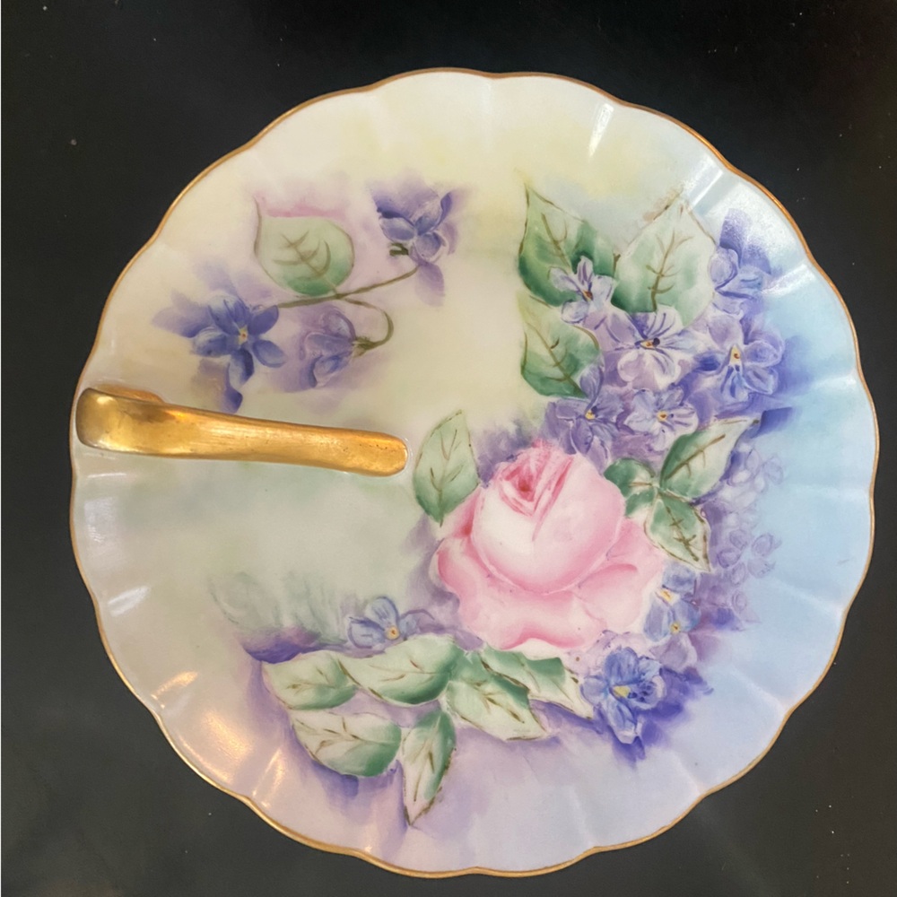 Japanese porcelain snack tray with gold trim and gold handle. Handpainted.